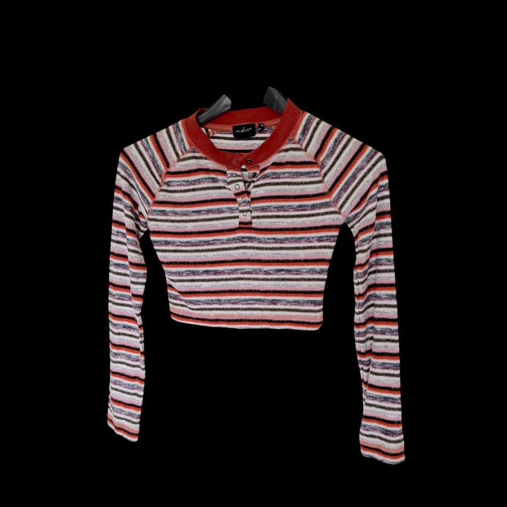 Out From Under Urban Outfitters Striped Henley Cropped Long Sleeve Top